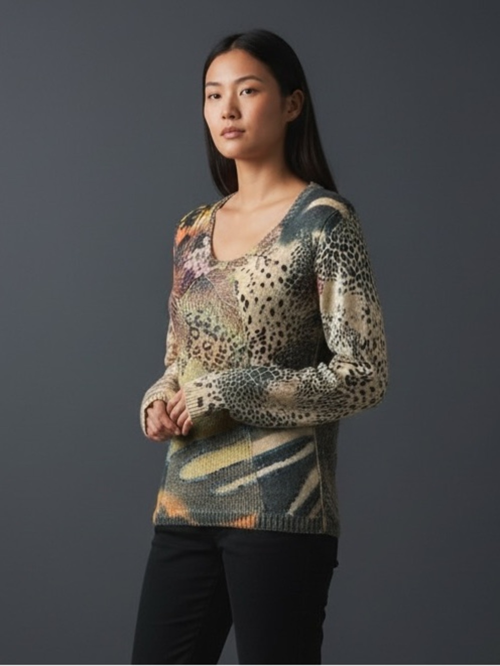 BCBGMazAzria Sequin Floral Animal Print Scoop Sweater. Tan Orange Size S #1284